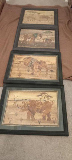 Preview of the first image of 4 FRAMED PIECES OF KENYAN ARTWORK (WOOD/LEAVES).