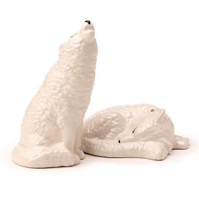 Preview of the first image of Novelty Ceramic Salt and Pepper - White Wolf. Free uk Post.