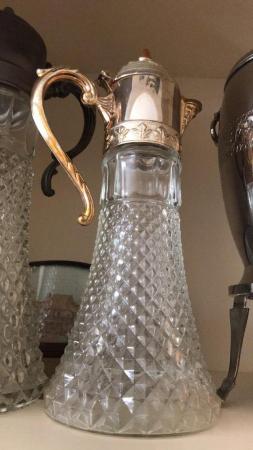 Image 1 of Vintage Pressed Glass Water Pitcher with Filigree Handle spo