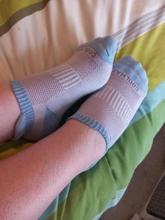 Image 1 of Ladies worn blue and white trainer socks