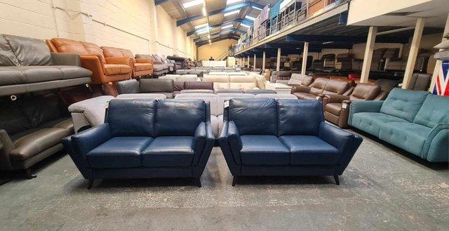 Image 5 of New Fellini blue leather pair of 2 seater sofas