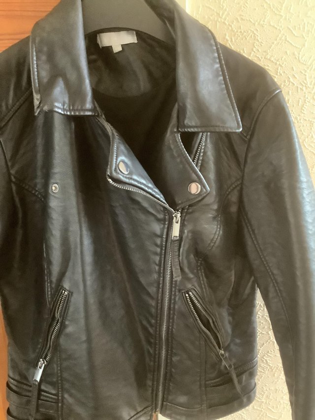 Preview of the first image of Red Herring Black Faux Leather Biker Jacket Size 14.