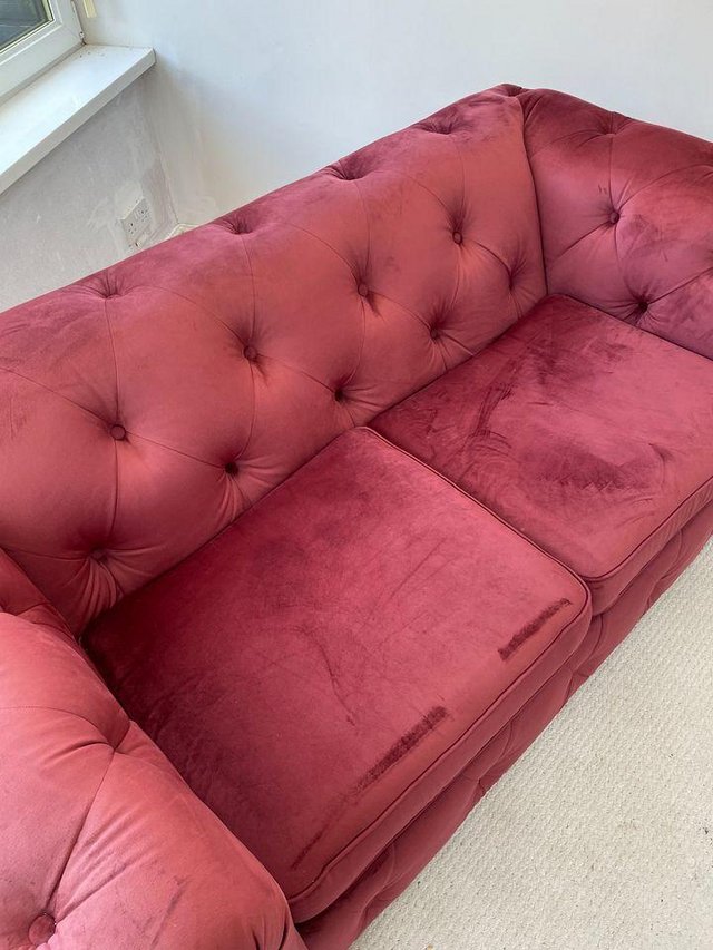 Preview of the first image of Burgundy Red Chesterfield Sofa - velvet- excellent condition.