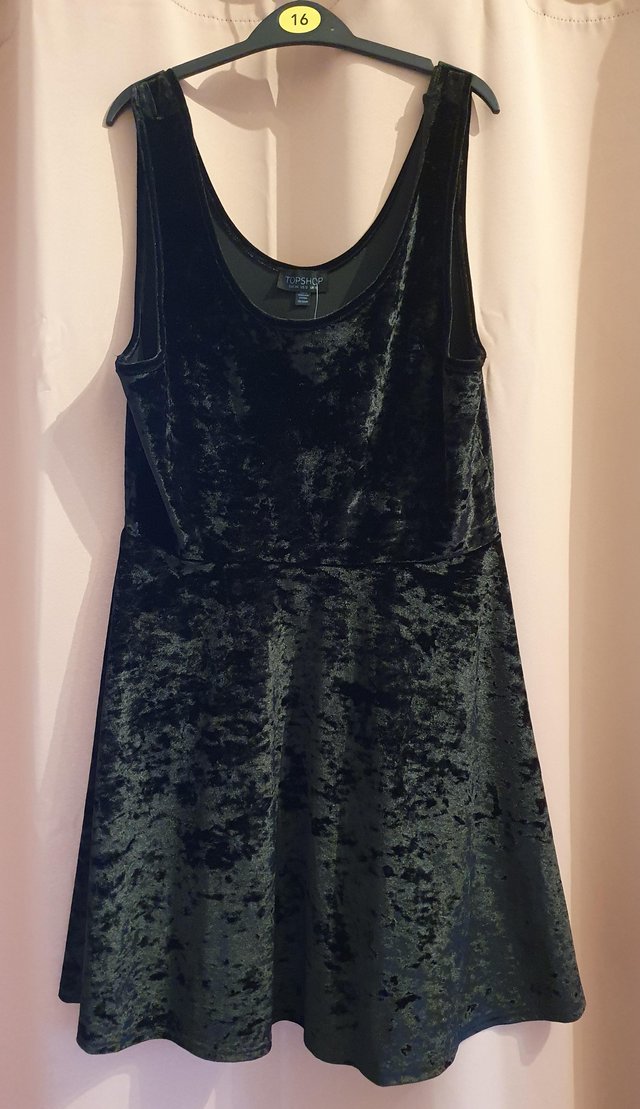 Preview of the first image of Topshop black velvet dress size 16.