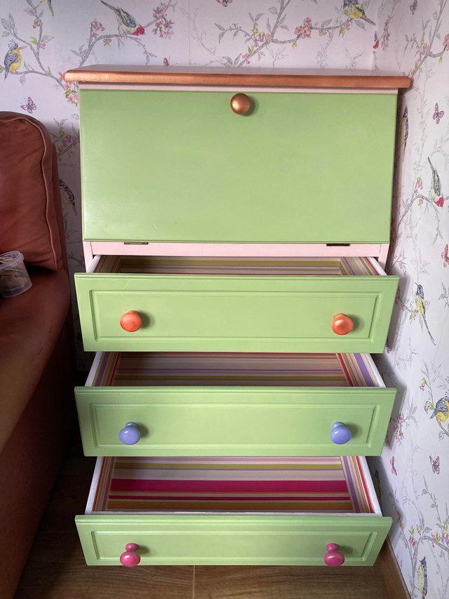 Preview of the first image of Upcycled painted pine bureau with drawers.