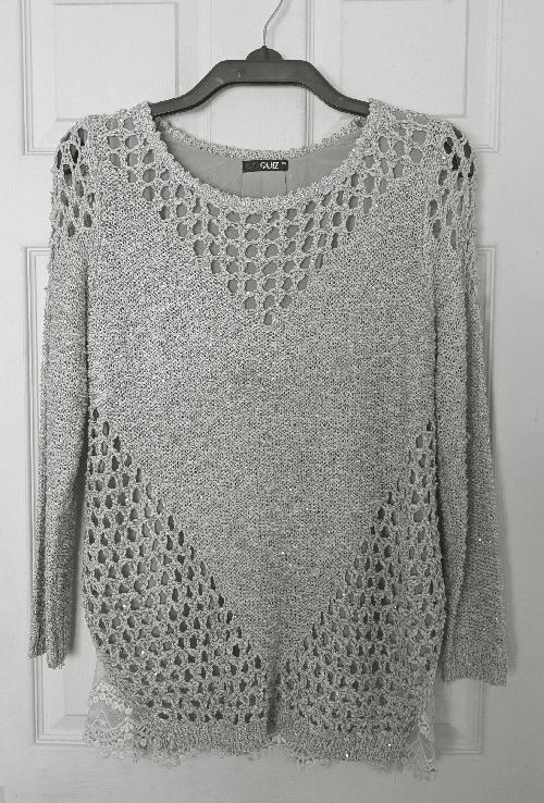 Preview of the first image of Ladies Light Grey Crocheted Jumper With Lace Trim - Size M/L.
