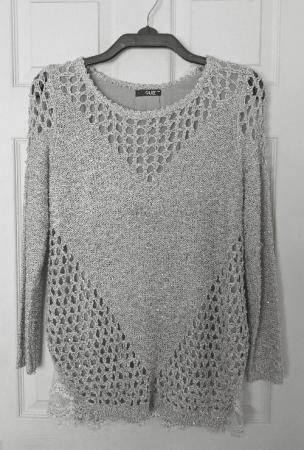 Image 1 of Ladies Light Grey Crocheted Jumper With Lace Trim - Size M/L