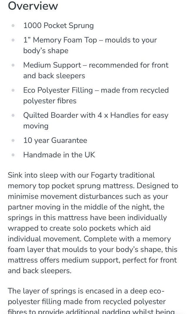 Preview of the first image of 6ft Superking Fogarty Dream Comfort Memory Foam Mattress.