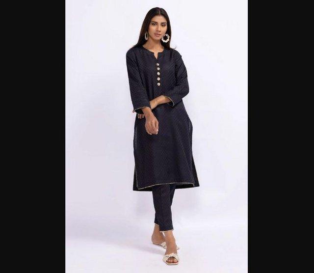 Preview of the first image of NEW Khaadi Classic 2 Piece Black Kameez and Trouser.