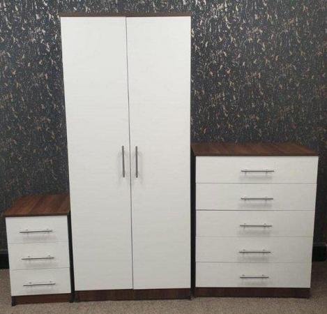 Image 1 of NOVA WHITE AND WALNUT WARDROBE CHEST AND BEDSIDE