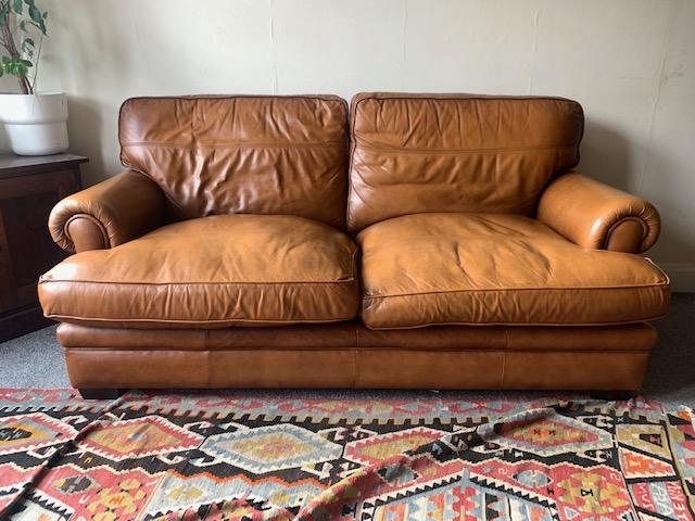 Preview of the first image of Parker Knoll tan-brown leather couch.