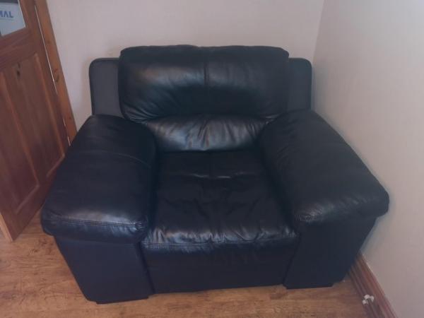 Image 1 of Large black leather sofa and chair