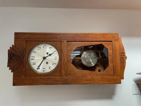 Image 3 of Art Deco style Oak chiming wall clock