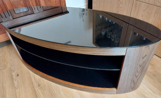 Preview of the first image of TV Stand, walnut veneer and black glass.