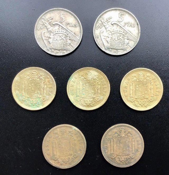 Preview of the first image of 7 old Spanish peseta coins. From 1953 to 1966.
