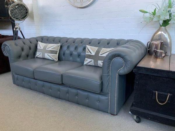 Image 5 of Grey Chesterfield sofa. Armchair & footstool available.