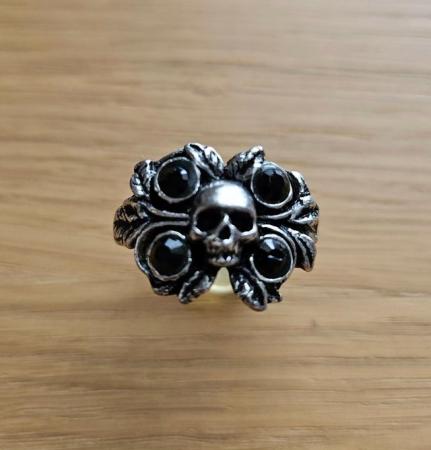 Image 1 of Pewter Gothic Style Skull & Black Stone Ring
