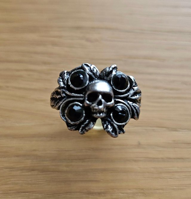 Preview of the first image of Pewter Gothic Style Skull & Black Stone Ring.