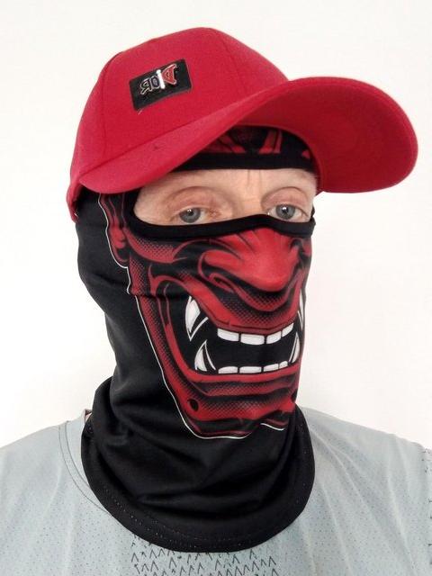 Preview of the first image of Red devil samurai face mask with FREE red baseball cap..