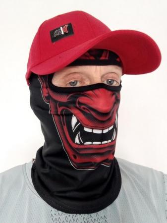 Image 1 of Red devil samurai face mask with FREE red baseball cap.
