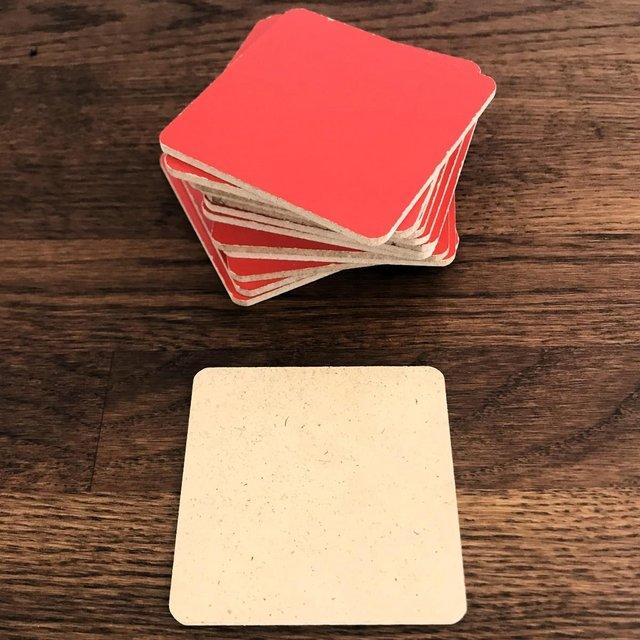 Preview of the first image of 16 natural/red finish mdf 7cm x 7cm squares – craft? £2 lot..