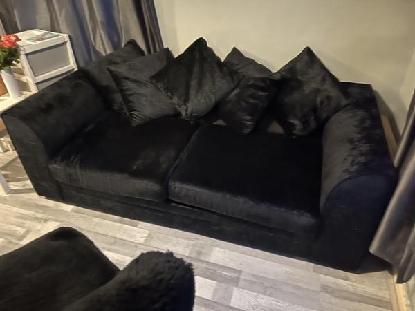 Image 2 of Black crushed velvet 3seater sofa and cuddle chair