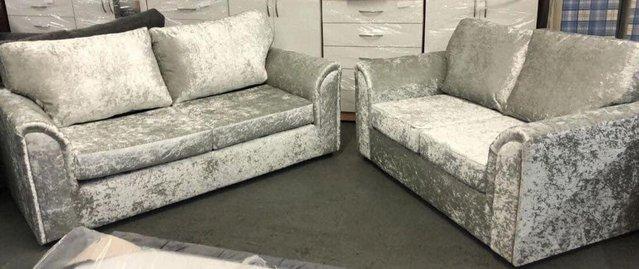 Preview of the first image of Omega fixed back silver crushed velvet 3&2 sofas.