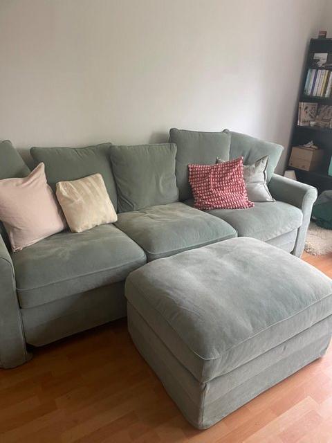 Preview of the first image of IKEA 3 seater sofa and footstool with storage.