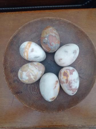 Image 2 of Egg ornaments. Six lovely stone eggs plus wooden bowl.