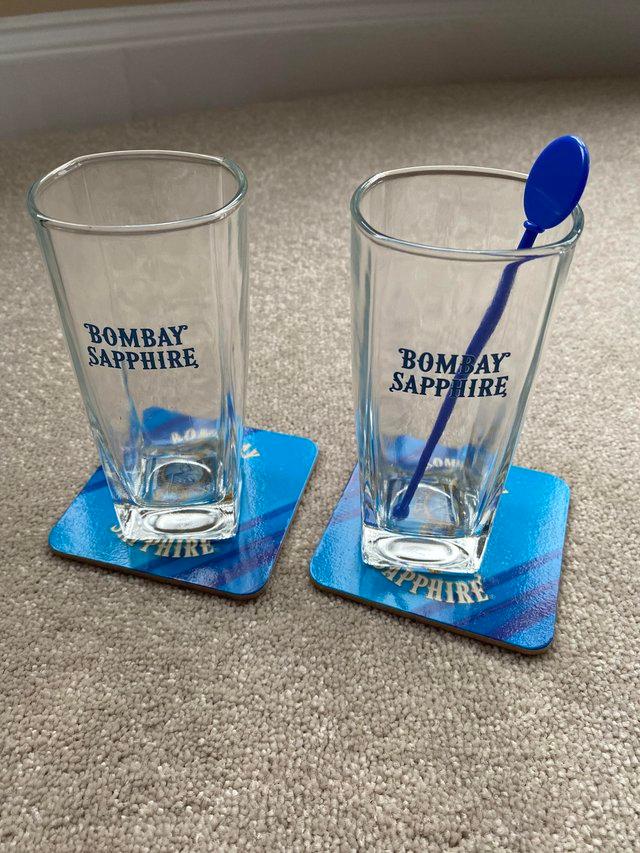 Preview of the first image of Bombay Sapphire glasses & matching coasters.