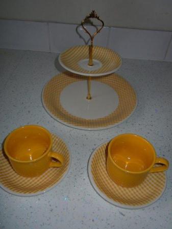Image 1 of Cake Stand 2 Tiers Cups Saucers Orange Gingham
