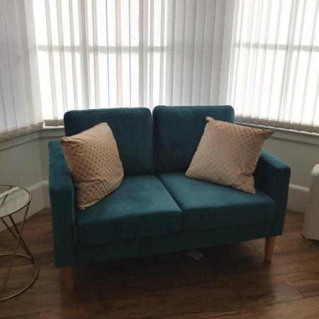 Image 1 of Peacock Green Velvet 3 Seater Sofa Good Condition