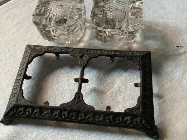 Image 1 of Vintage cast iron inkwell stand and 2 glass bottles