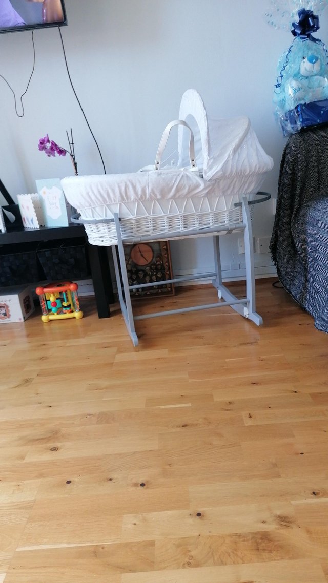 Preview of the first image of White and grey baby moses basket.
