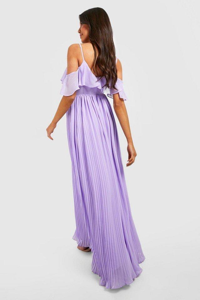 Preview of the first image of Boohoo Cold Shoulder Pleated Chiffon Maxi Dress, Lilac, 8.