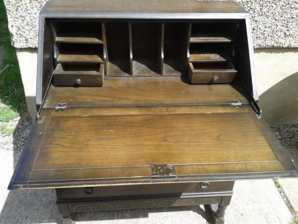 Image 2 of Vintage dark wood bureau with lock and key