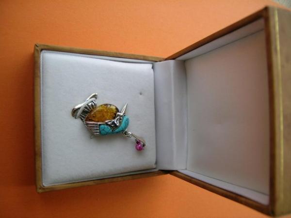Image 3 of Amber and Turquoise 925 Silver Kingfisher Pendant