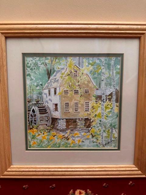 Preview of the first image of Framed original watercolour-Waterwheel for sale.