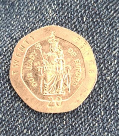 Image 2 of Twenty two pence coin. Our lady of Europe on reverse, queen