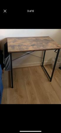 Image 3 of Wooden and metal desk with basket and headset hanger