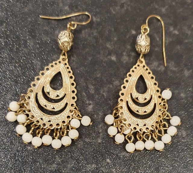 Preview of the first image of Gold colour boho drop earrings, new & unworn.