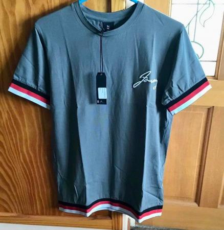 Image 1 of NEW men’s Foray Ramirez brand T-shirt. Grey with red trim