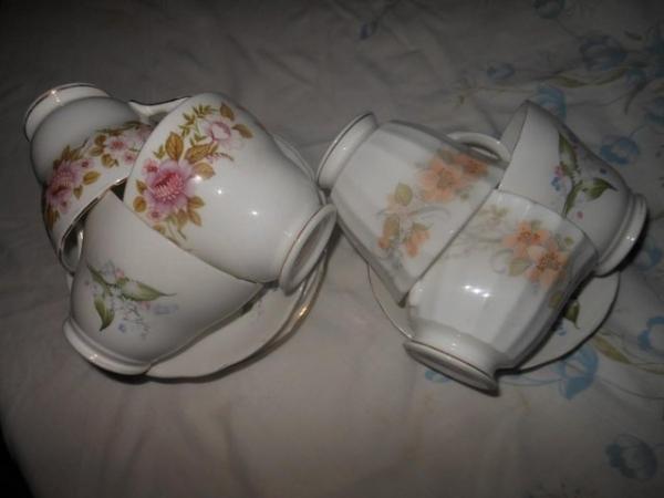 Image 1 of 6 Tea Cups & Saucers 3 Designs x 2 = 12 Pieces