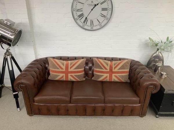 Image 4 of Saddle brown 3 seater Chesterfield sofa. Can deliver.
