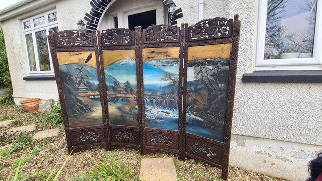 Image 1 of Antique Japanese 4 Panel Folding Screen, unique, signed