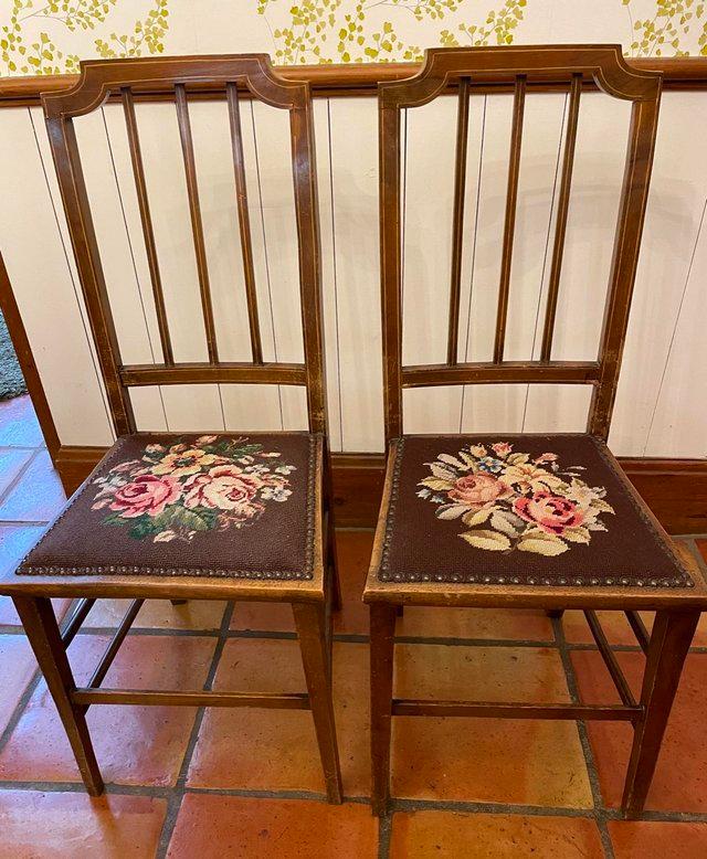 Preview of the first image of Antique Victorian Embroidered Tapestry Chairs X2.