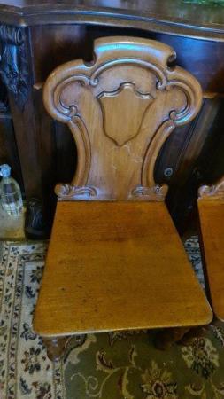 Image 3 of Pair of Antique Victorian Mahogany Wood Hall Chairs Armorial