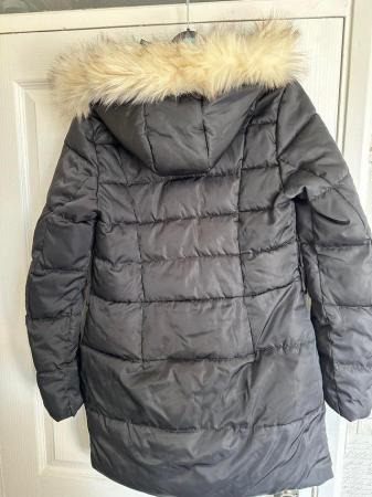 Image 3 of Girls black coat with faux fur on the hood