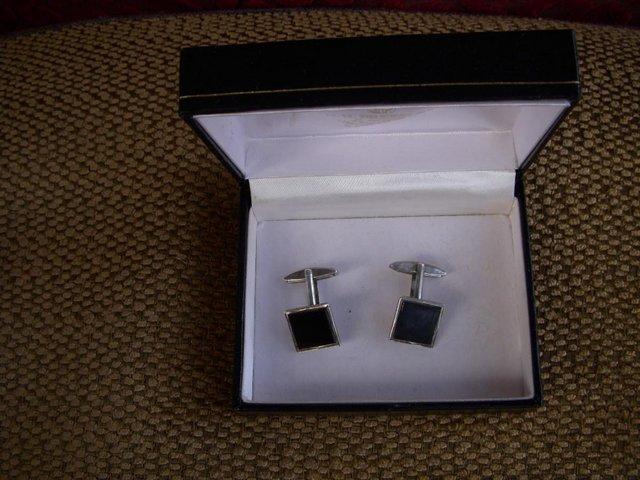 Preview of the first image of Vintage Mid Century Sterling Silver Gilt and Onyx Cufflinks.