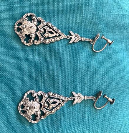Image 3 of Vintage Indian Silver Long Drop Clip on Earrings